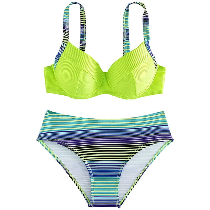 Green printed women's halter bikini set with split briefs on a mannequin