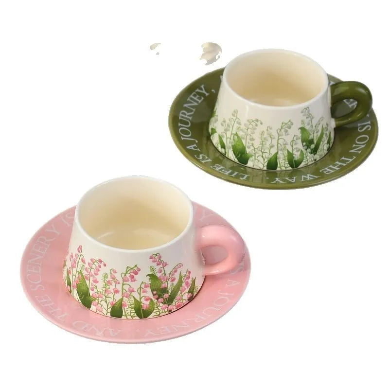 Ceramic coffee cup saucer set with two 300ml cups, saucers, and spoons in hanging bell design