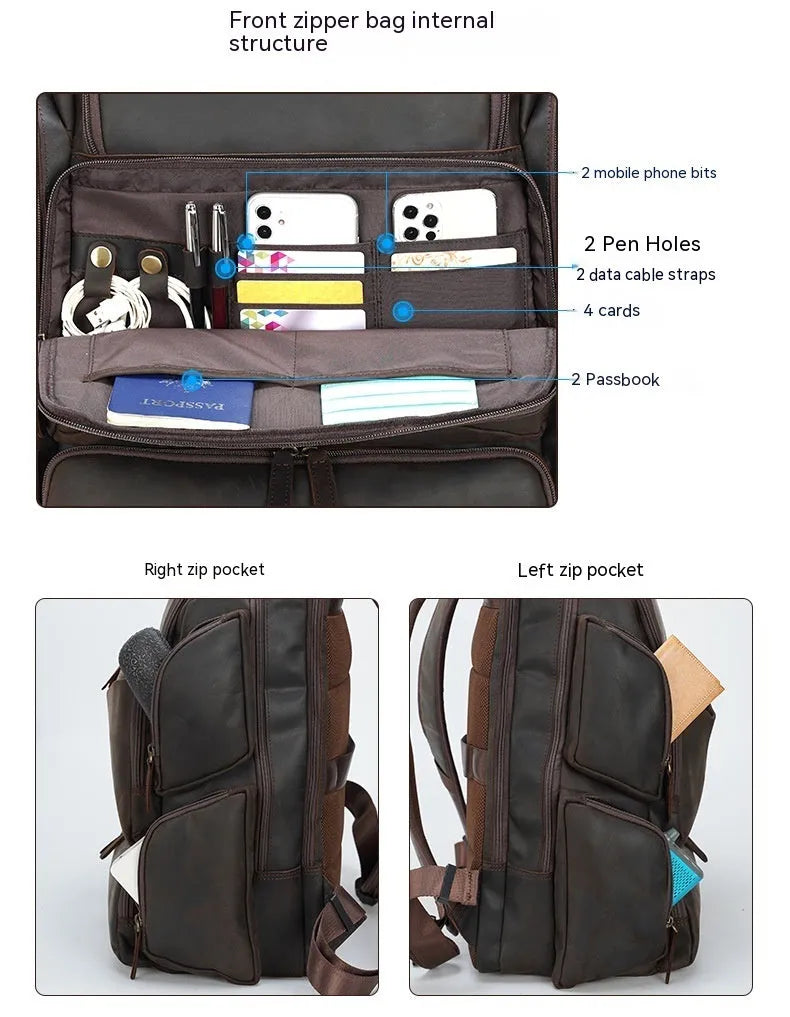 Dark brown leather backpack with 17-inch laptop compartment and multiple internal pockets