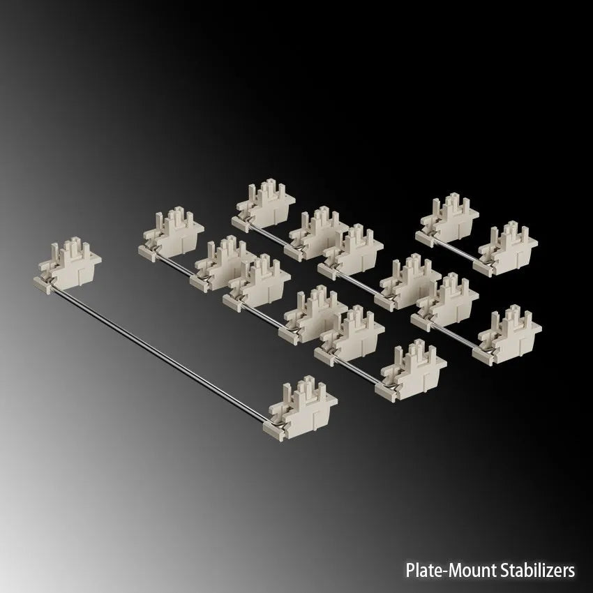 Black and milky white mechanical keyboard satellite axis stabiliser accessories for 6.25U and 7U spacebars.