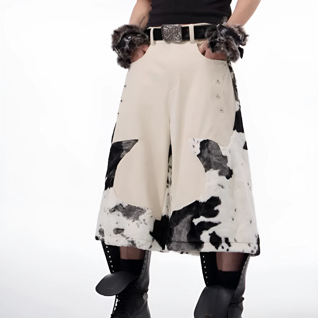Milk fibre blend cropped trousers with fur stitching in a fashionable city style, showing personalised checkered and striped pattern options.
