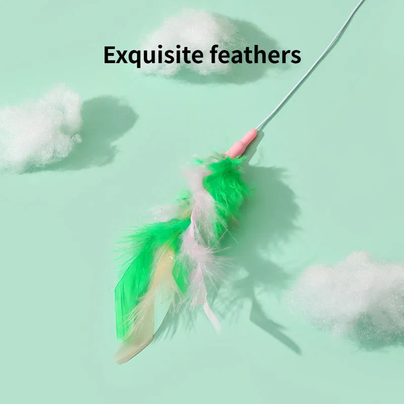 Green interactive cat feather wand toy with bells and feathers on a durable string