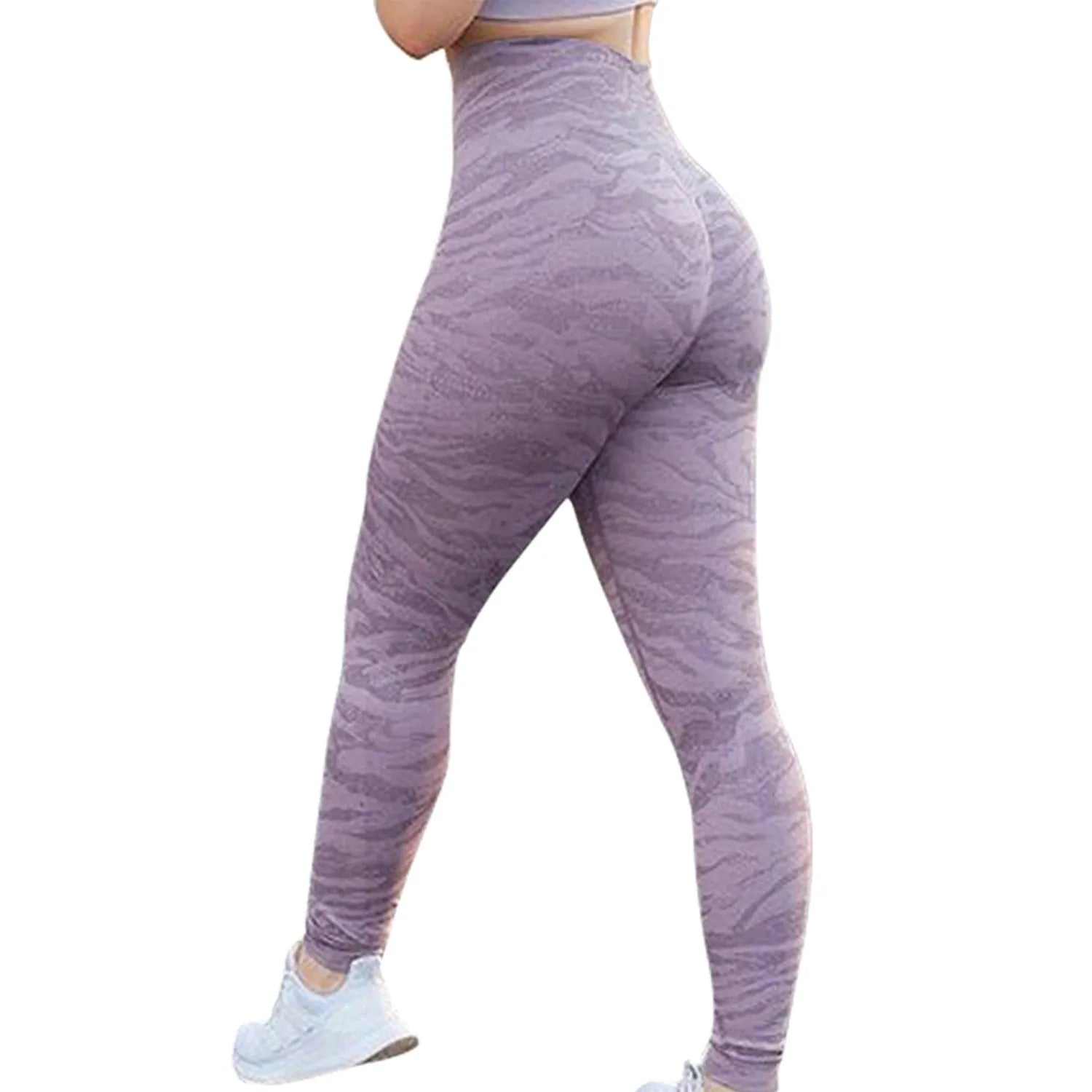 Women's high-waisted push up booty leggings in a camouflage print for fitness and yoga.