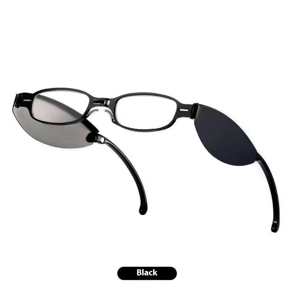 Black retro-style folding reading glasses for men, shown open and folded for pocket storage.
