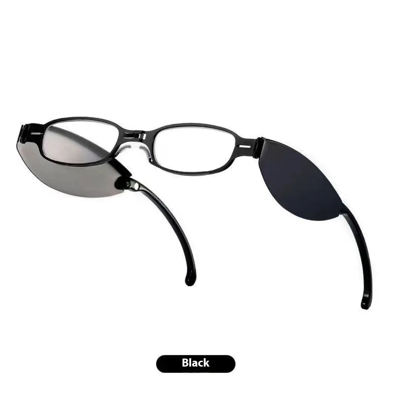 Black retro-style folding reading glasses for men, shown open and folded for pocket storage.