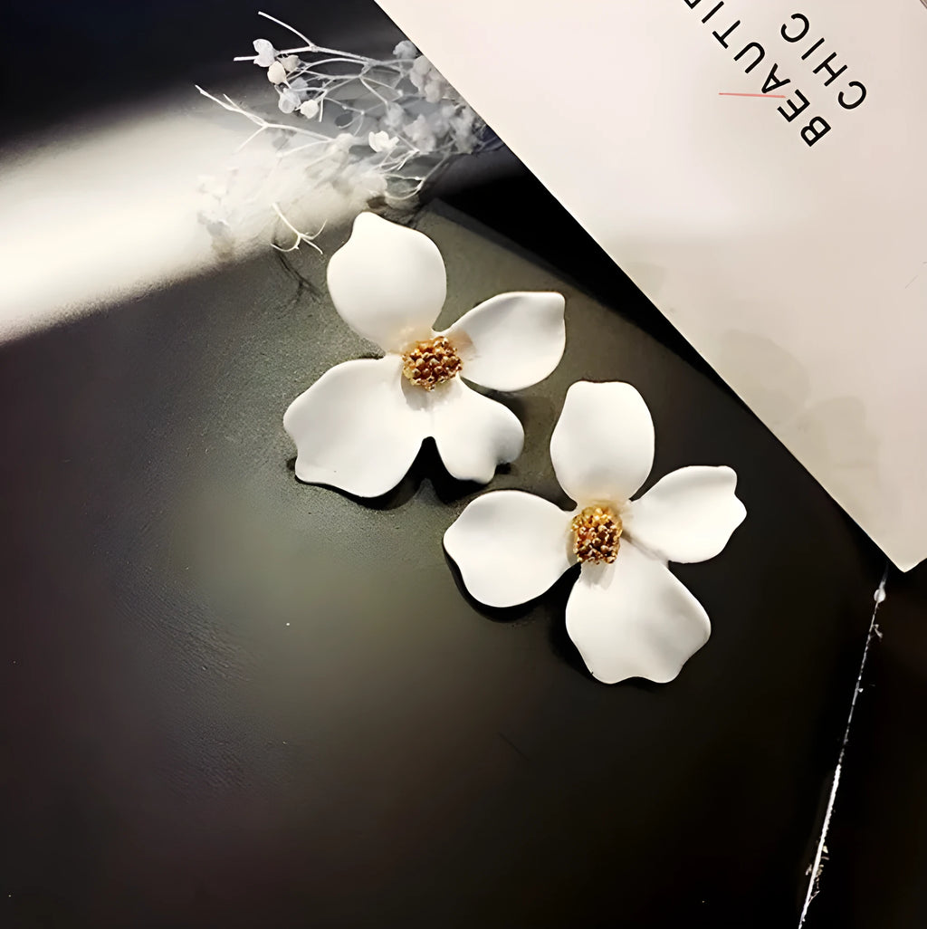 Alloy flower stud earrings for women in white or pink electroplated colour options