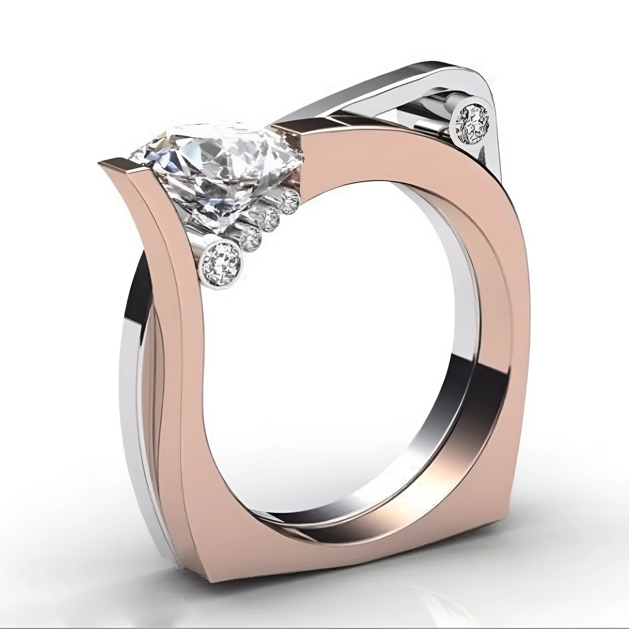 Rose gold geometric women's ring with zircon inlay showing couple's band design