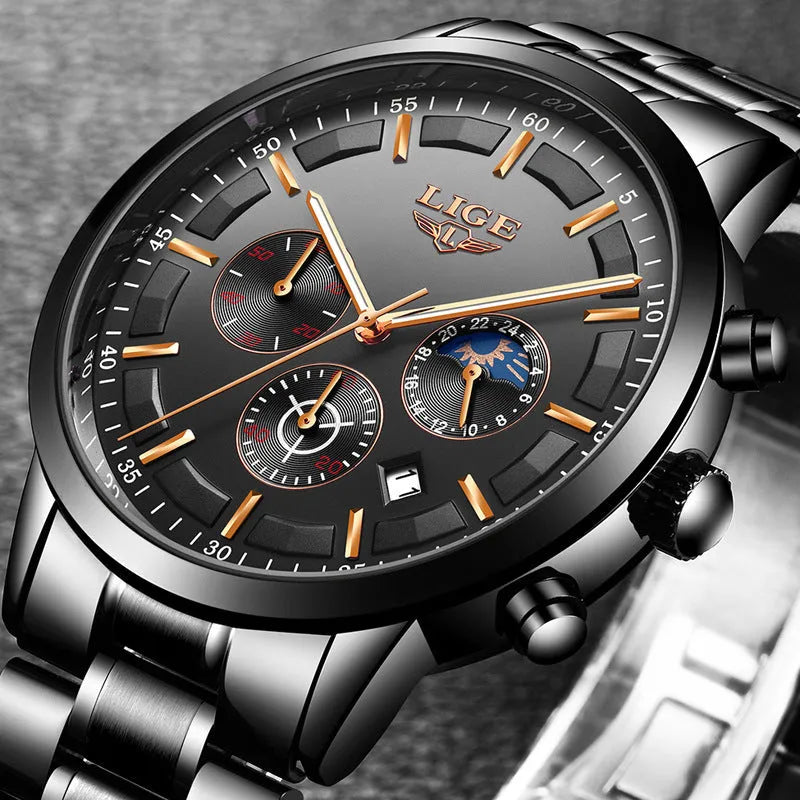 Men's waterproof quartz sports watch showing 12mm thick case in black with rose gold colour combination