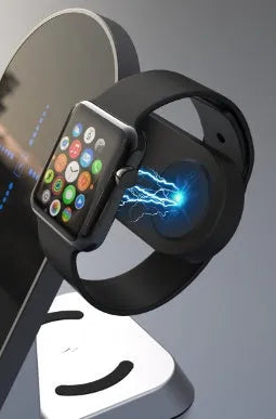 Black six-in-one wireless charging alarm clock station with digital display and charging pad.