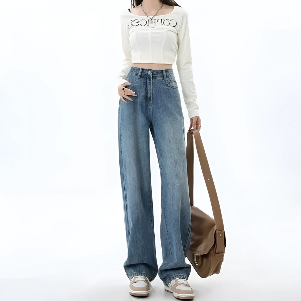 Women's retro blue high waist wide leg jeans with straight leg cut and stretch denim fabric