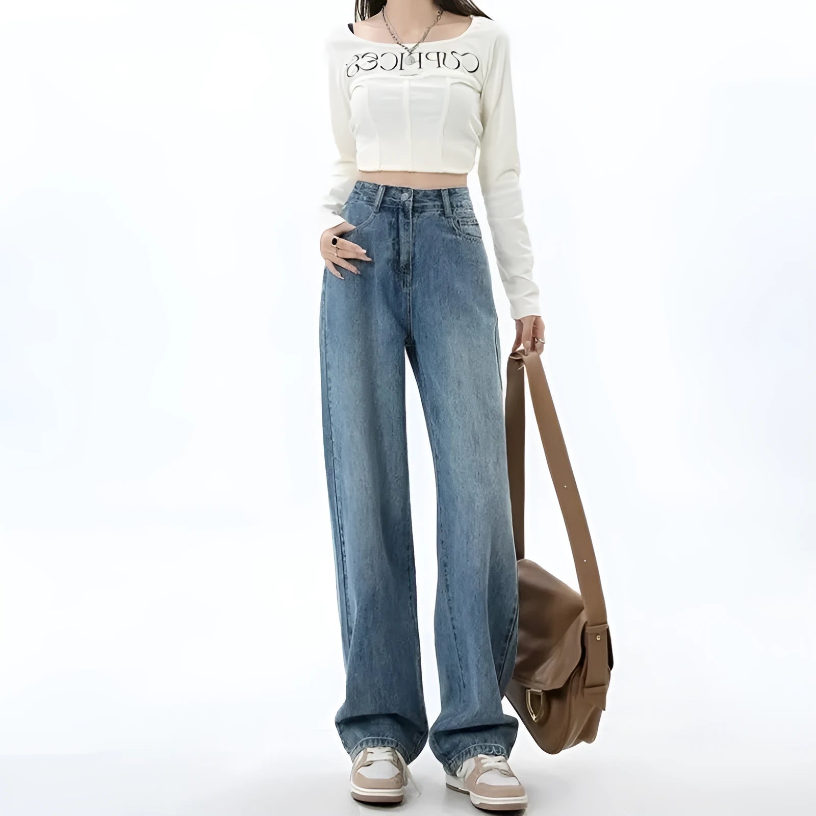 Women's retro blue high waist wide leg jeans with straight leg cut and stretch denim fabric