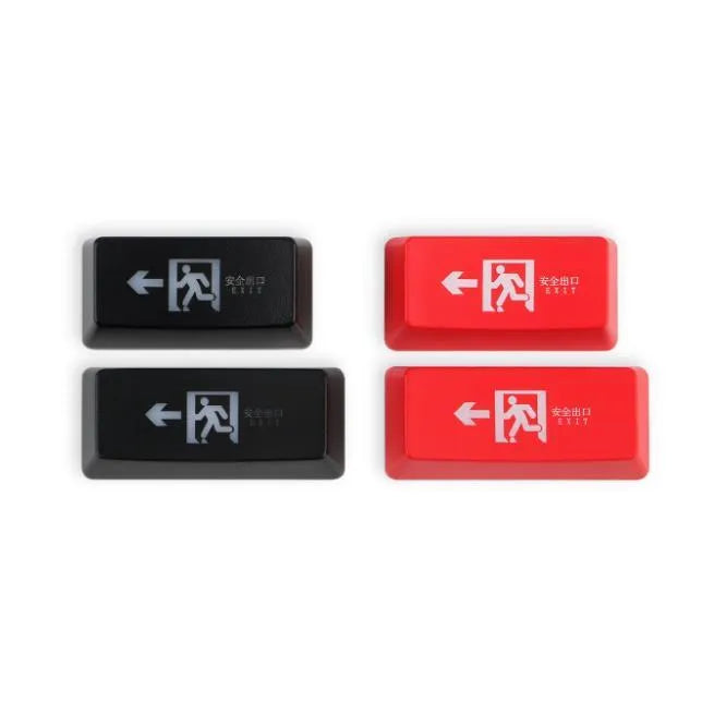 Transparent mechanical keyboard key cap with raised safety evacuation exit text