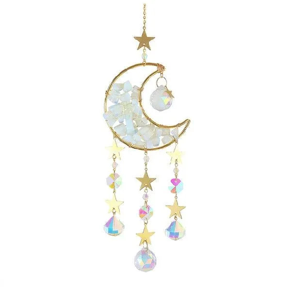Crystal car pendant with moon design hanging from rear-view mirror