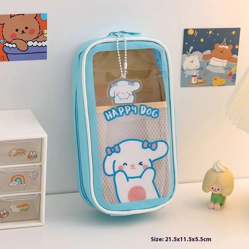 Transparent PVC pencil case with colourful cartoon character design