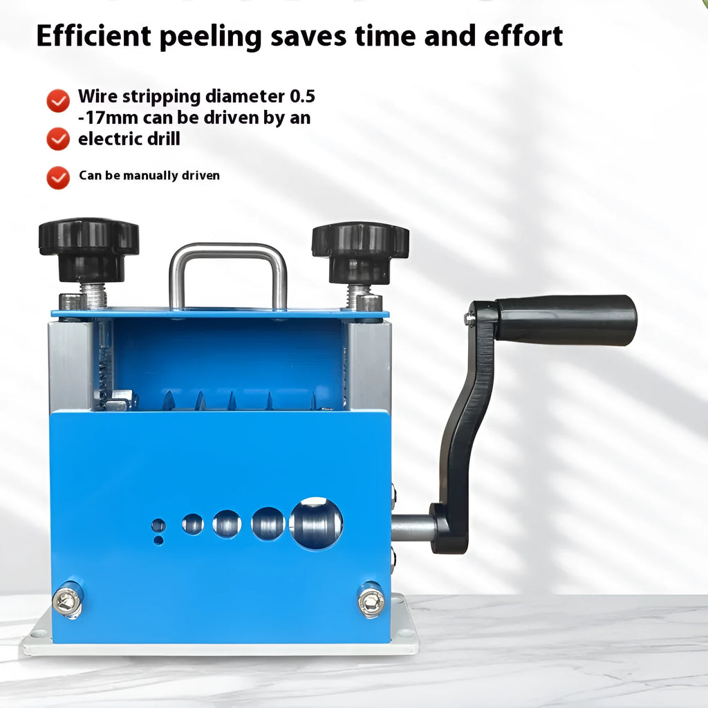 SD-017 manual wire stripping machine tool on a workbench next to electrical cables.