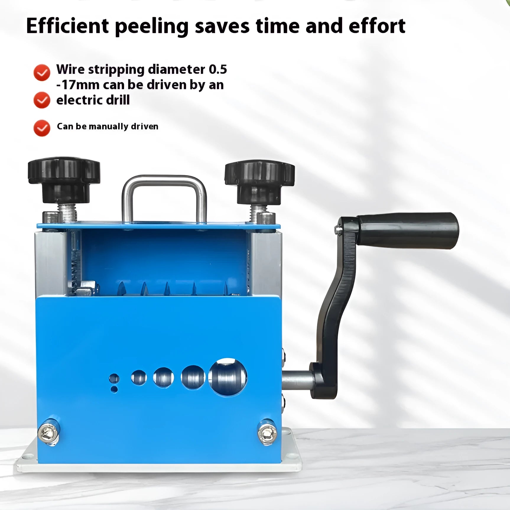 SD-017 manual wire stripping machine tool on a workbench next to electrical cables.