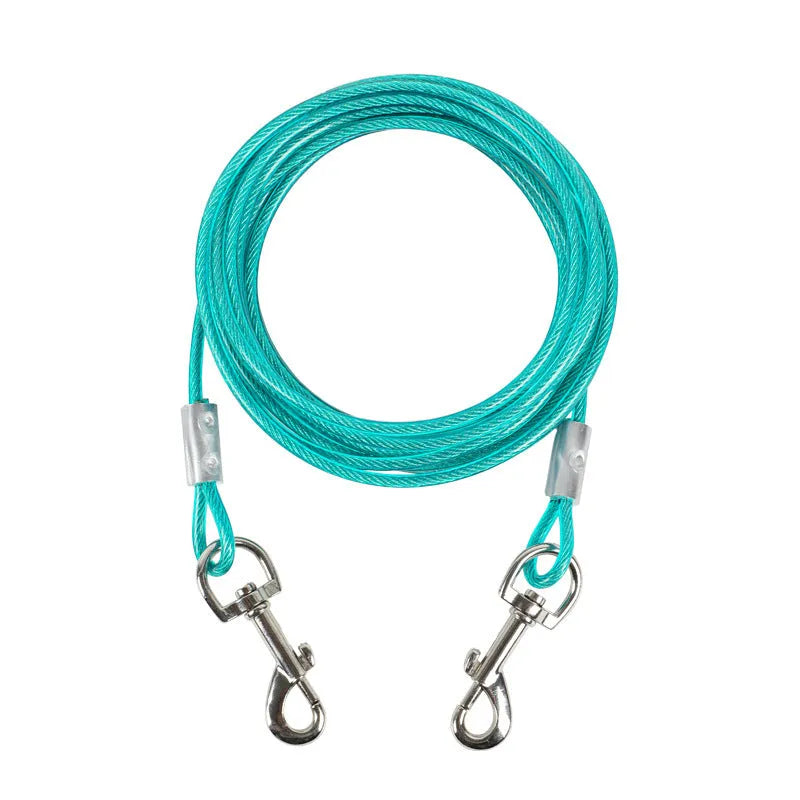Hand holding rope iron chain double-headed dog leash for two dogs, steel wire, blue colour, 5mm size