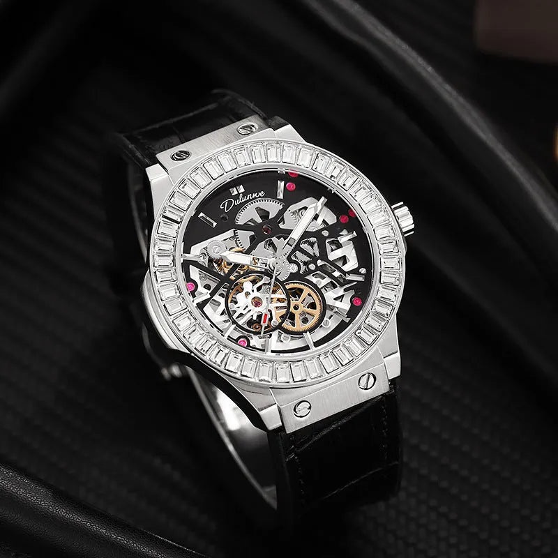 Men's automatic mechanical watch with diamond studded case and hollow movement visible