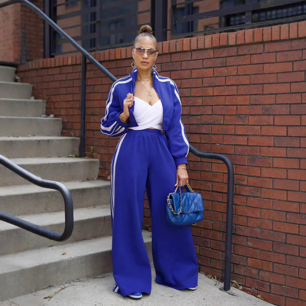 Street hipster two-piece striped suit set with top and trousers in polyester fabric