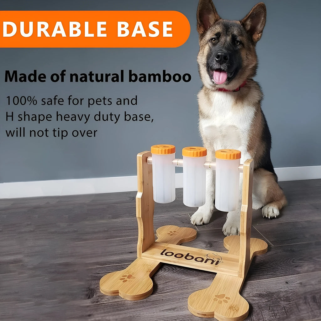 Natural wood colour dog puzzle toy measuring 31x30x20cm with treat dispensing mechanism