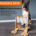 Natural wood colour dog puzzle toy measuring 31x30x20cm with treat dispensing mechanism