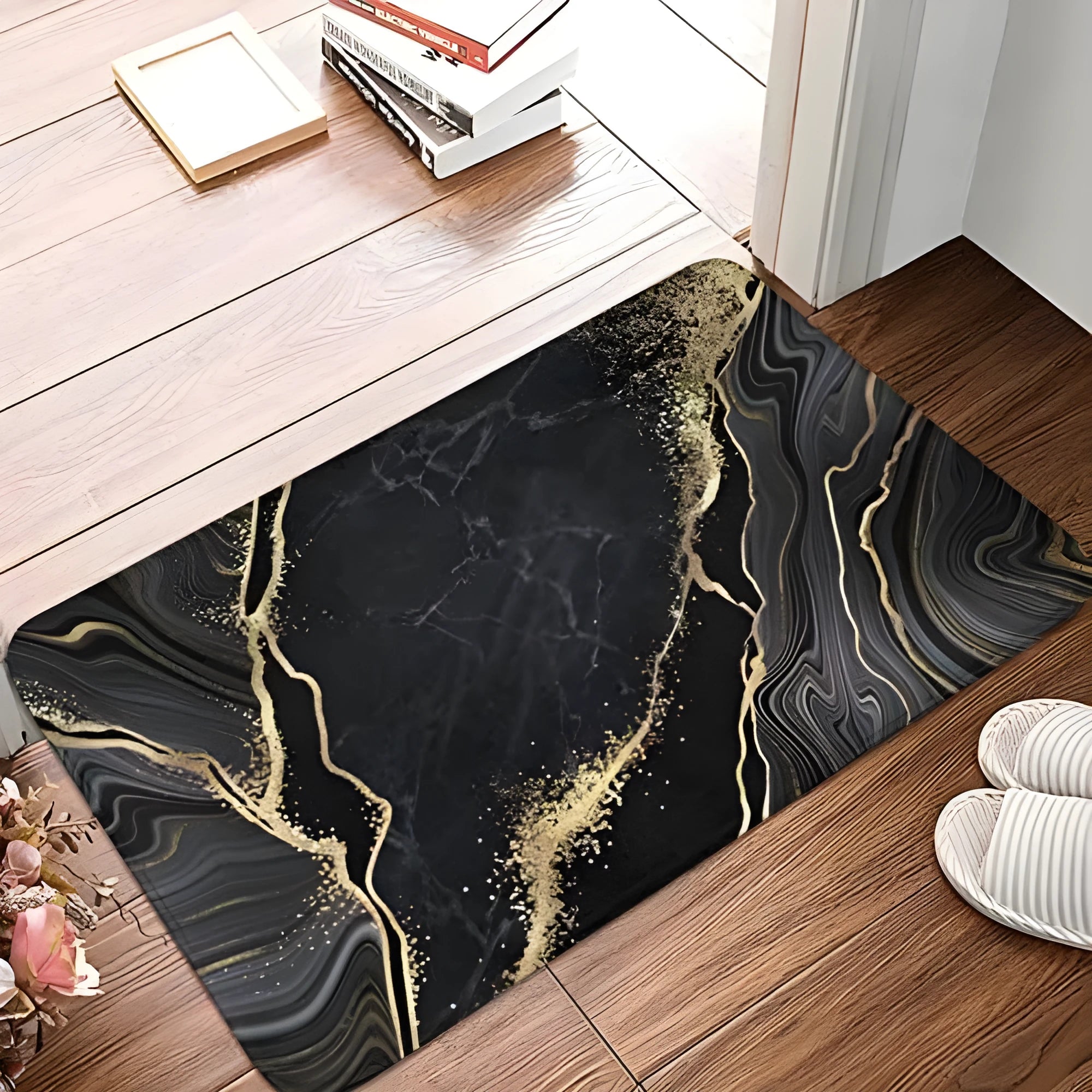 Square flannel floor mat with beach starfish pattern in modern minimalist style for household decor