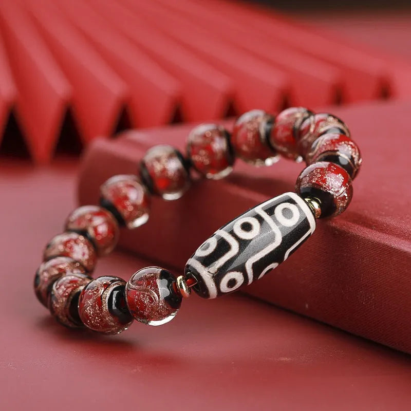 Colourful Chinese style coloured glaze bracelet with auspicious patterns, showing bead size options.