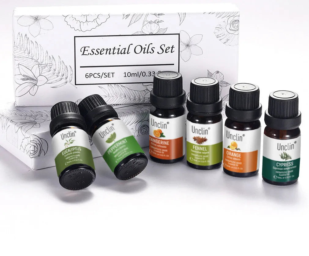 Six piece aromatherapy essential oil set 10ml each with sweet orange eucalyptus mint tangerine cypress anise in box