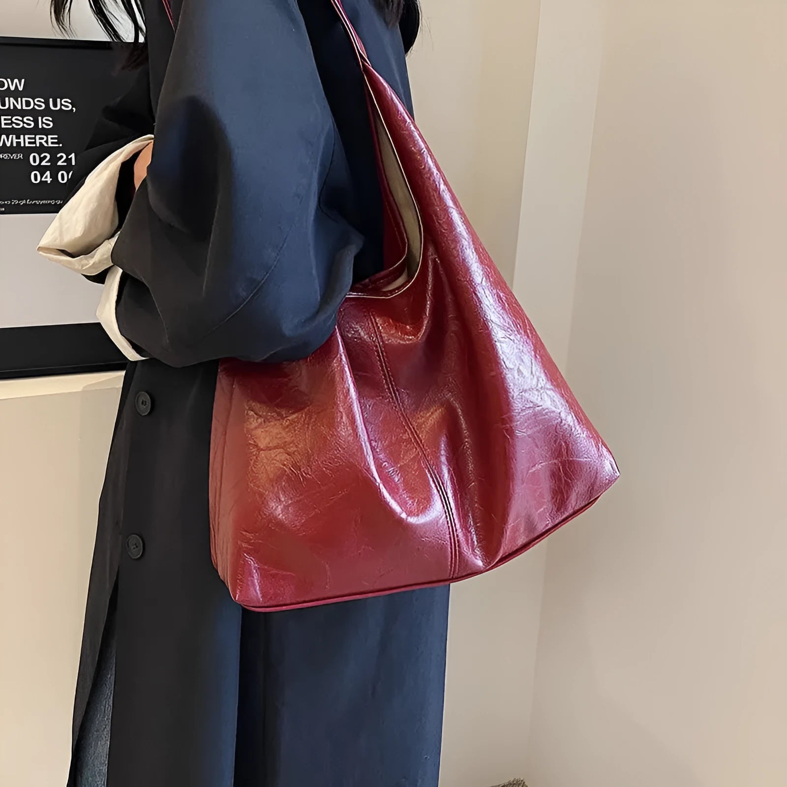 PU leather casual shoulder bag with outer sandwich pockets in street trend style