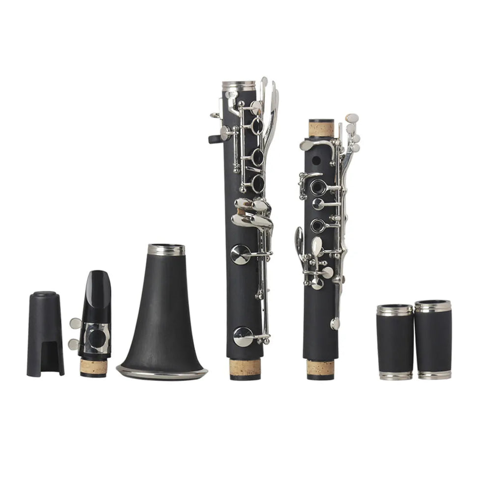 Black beginner bakelite clarinet with 17 nickel keys shown with its storage bag.