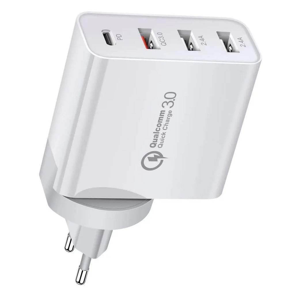 White or black fast charge charger with multiple USB ports and international plug options