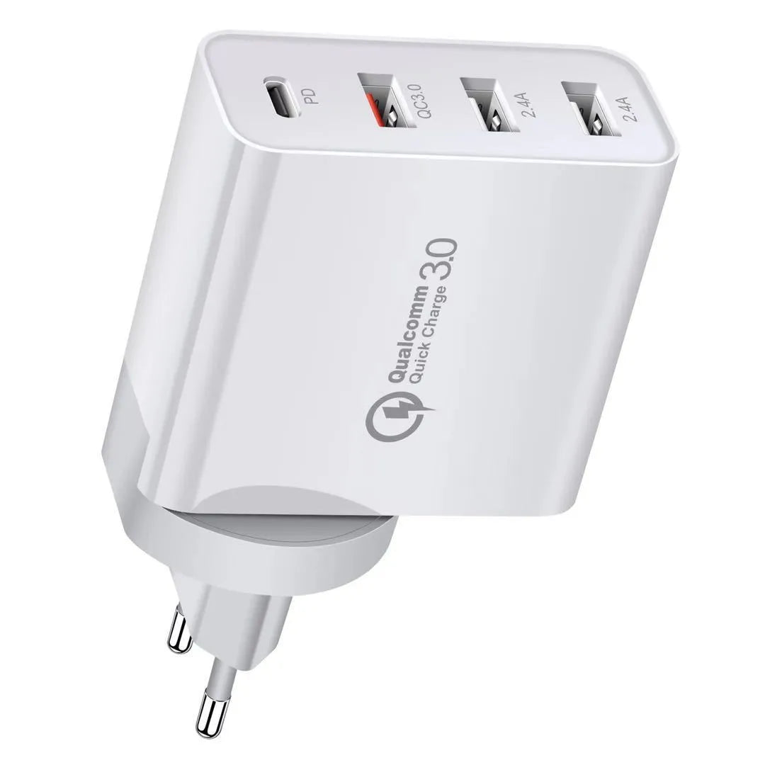 White or black fast charge charger with multiple USB ports and international plug options