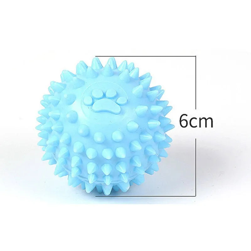 Blue TPR dog chew ball with footprint texture, 6cm diameter, for tooth cleaning and play.