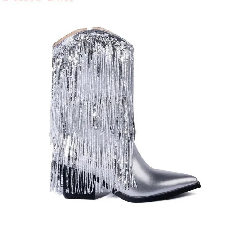 Women's black chunky heel tassel ankle boots with a high stiletto heel on a white background