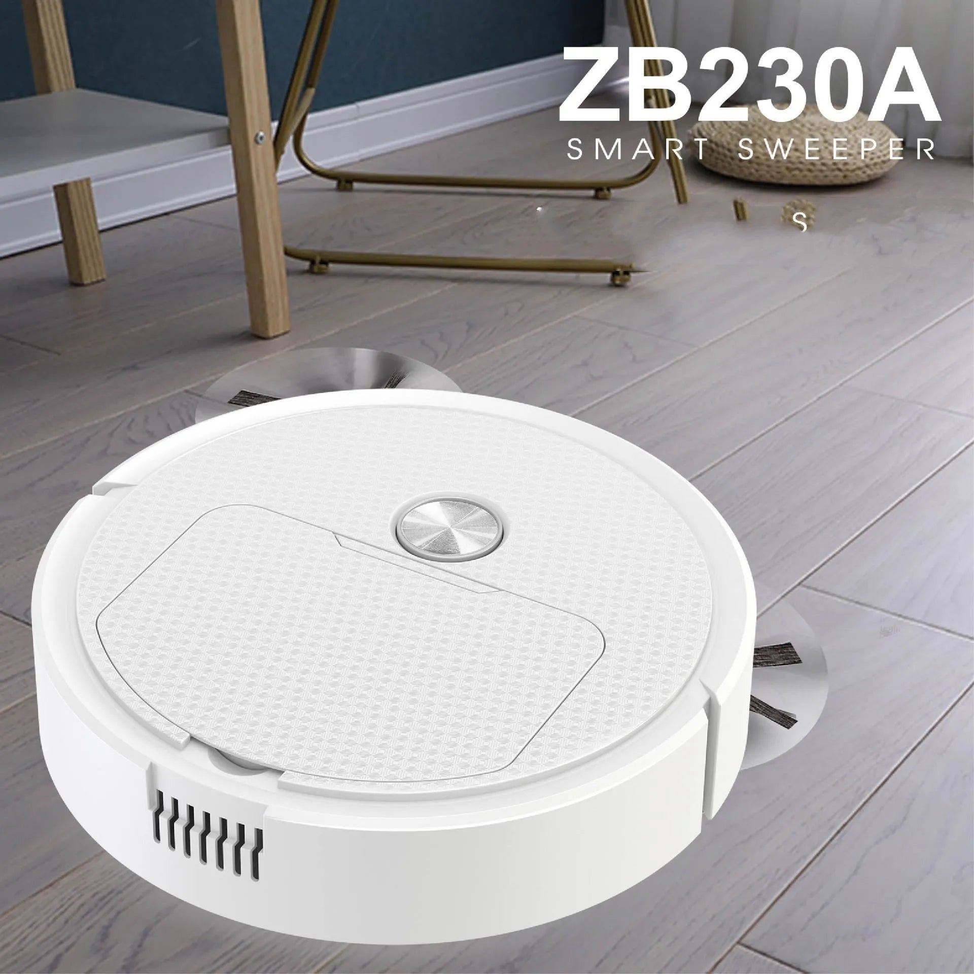 Intelligent sweeping robot, three-in-one, 22x22x6.2cm, black colour, on hardwood floor