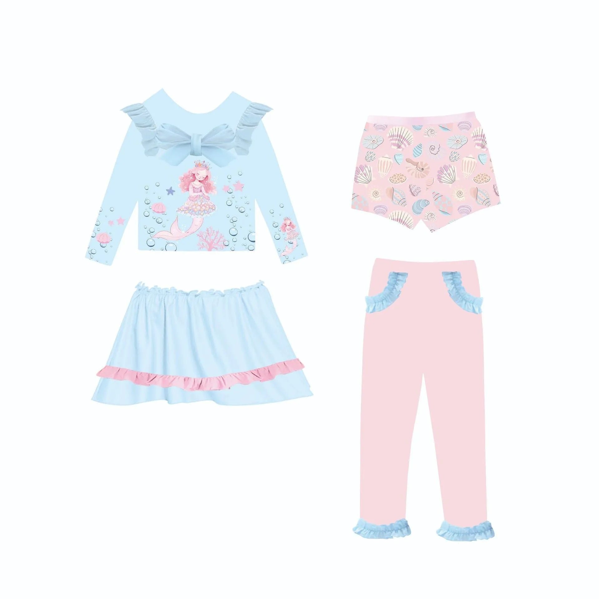 Girl's mermaid swimsuit set with gilded detailing in Baby Ocean colour, showing top, skirt, trousers, and shorts.