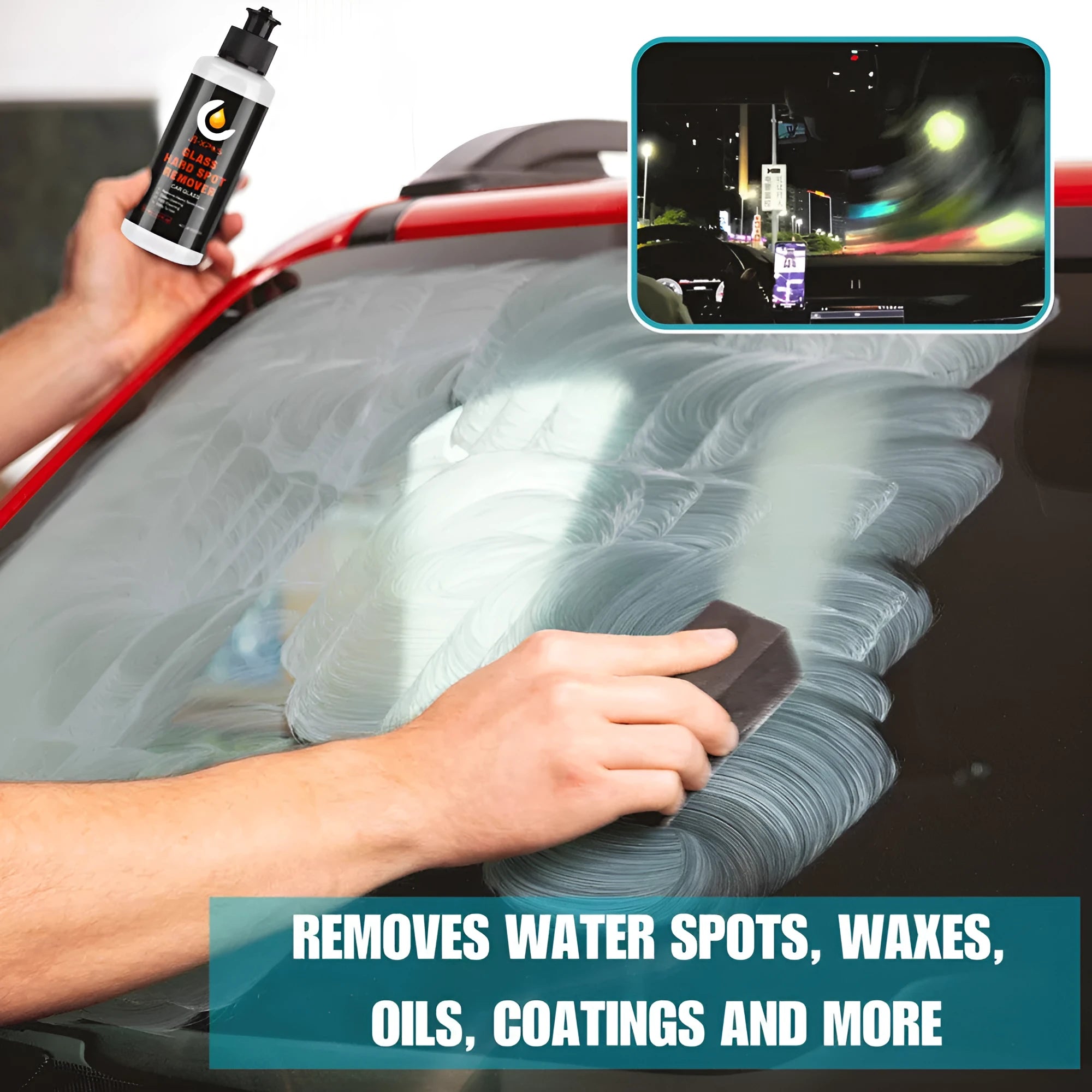 Glass oil film remover cleaning cream paste in 50ml, 100ml, and 200ml container options.