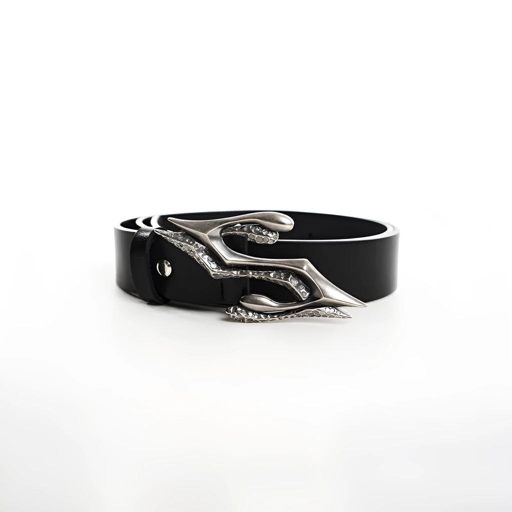 Black men's leather belt with two-layer cowhide construction and metal letter buckle, 110cm length