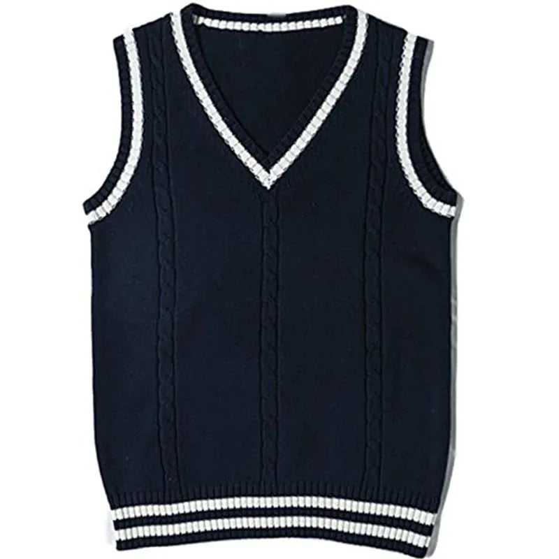 Women's V-neck knitted waistcoat sweater with striped stitching detail in acrylic fibre