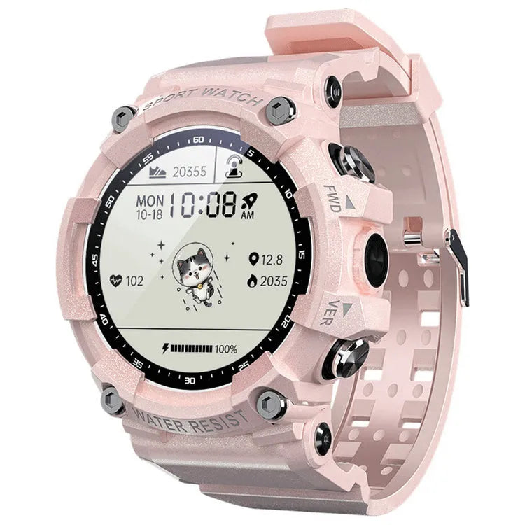 IP67 waterproof smartwatch with round screen on TPU strap in black, white, or pink