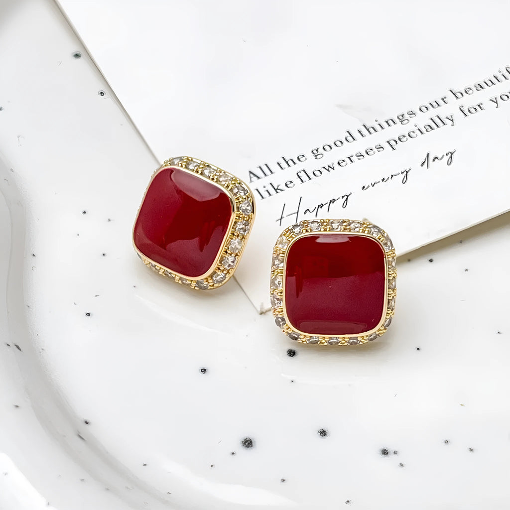 Retro red geometric square earrings with alloy construction and sweet cool style