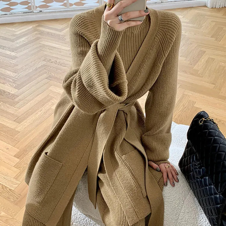 Women's knitted three-piece suit set showing top, wide-leg pants, and sweater cardigan in solid colour with leather stitching