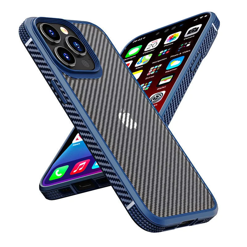 Black carbon fibre pattern anti-fall protective case for Apple iPhone 13 Pro mobile phone.