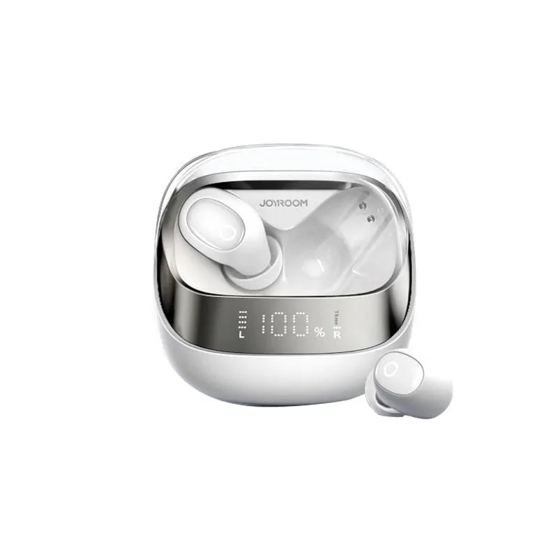 Wireless Bluetooth in-ear headphones with a compact white charging case on a table.