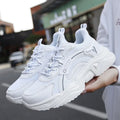 Women's white and moonlight thick-soled casual sports shoes with mesh uppers and round toe