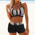 Women's navy blue and printed polyester two-piece bikini set for hot spring use