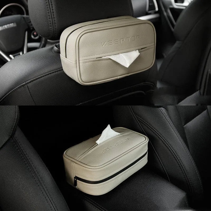 Black PU leather hanging storage bag with zip for car and home organisation