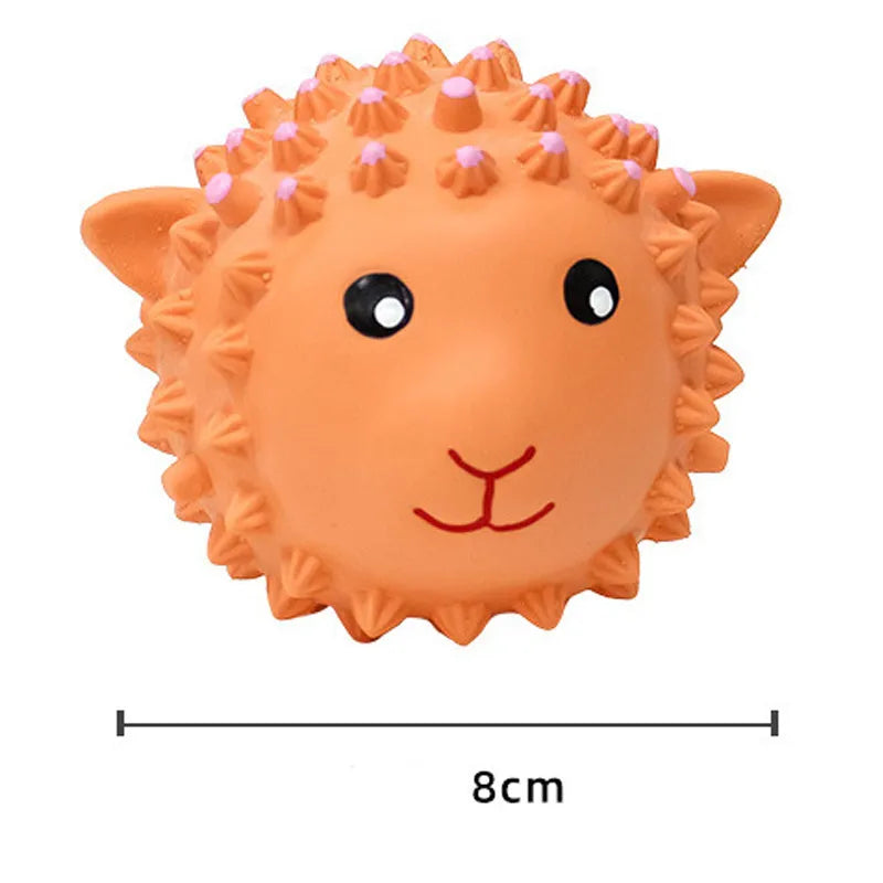 Four orange and yellow spiky latex dog toys with animal shapes and squeakers for small medium breeds