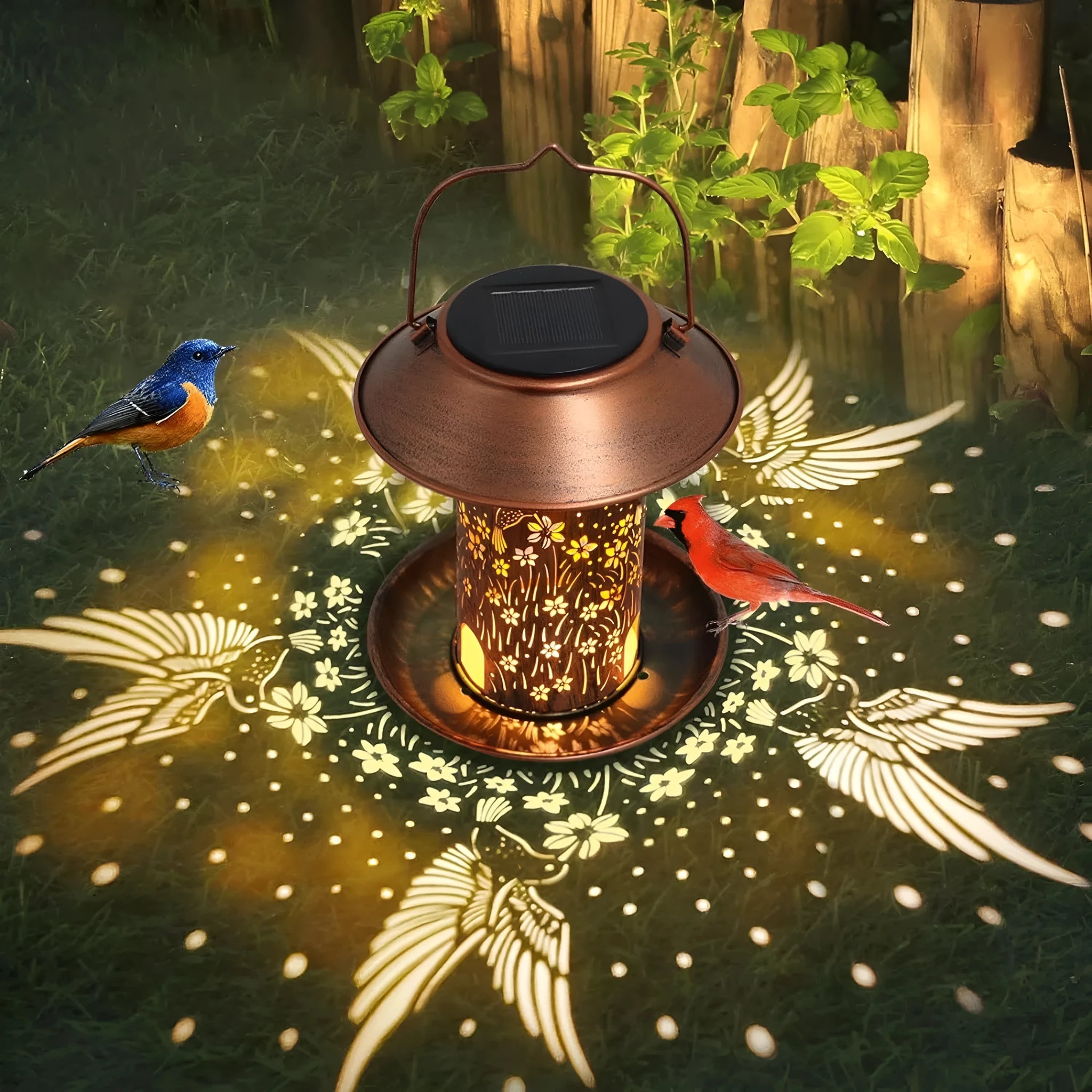 Solar-powered iron art bird feeder lamp with hummingbird pattern design for outdoor gardens