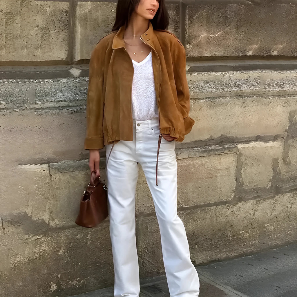 Retro solid colour loose fit long sleeve jacket on a hanger